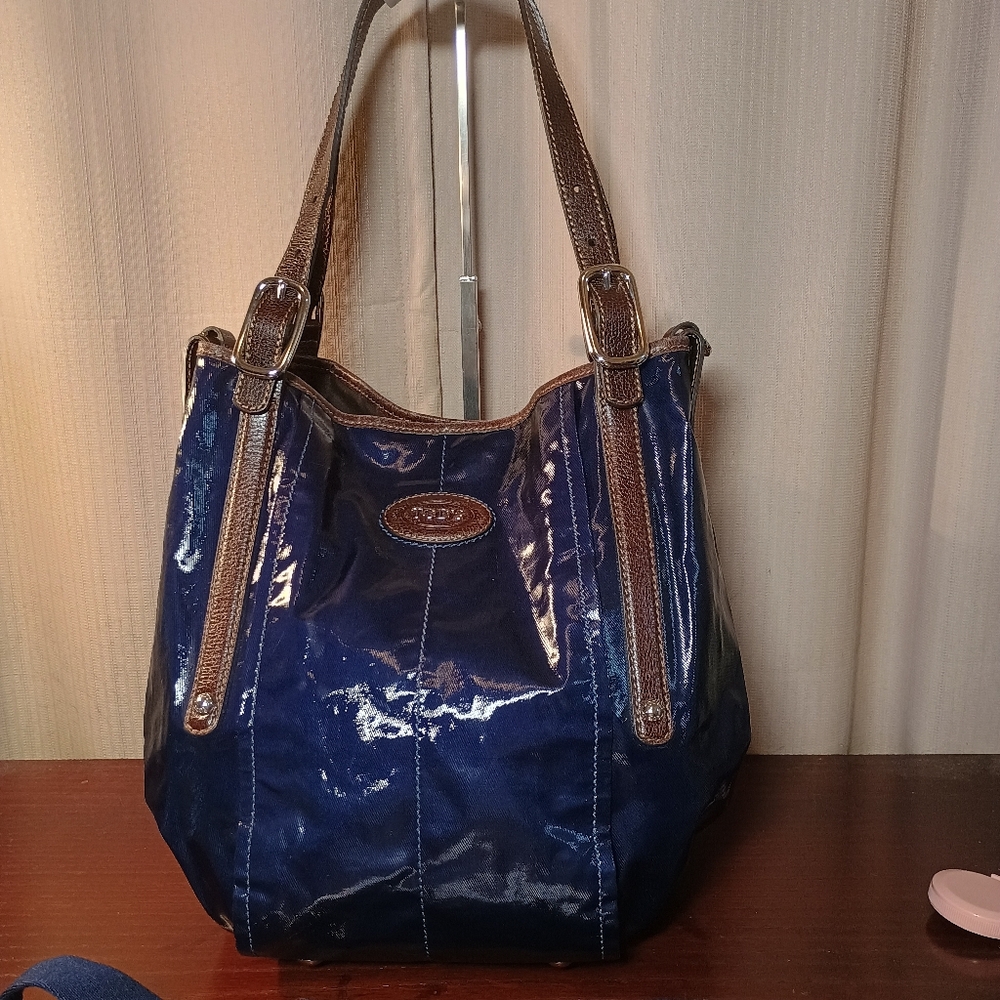 Tod's Shiny Blue and Brown Tote Bag